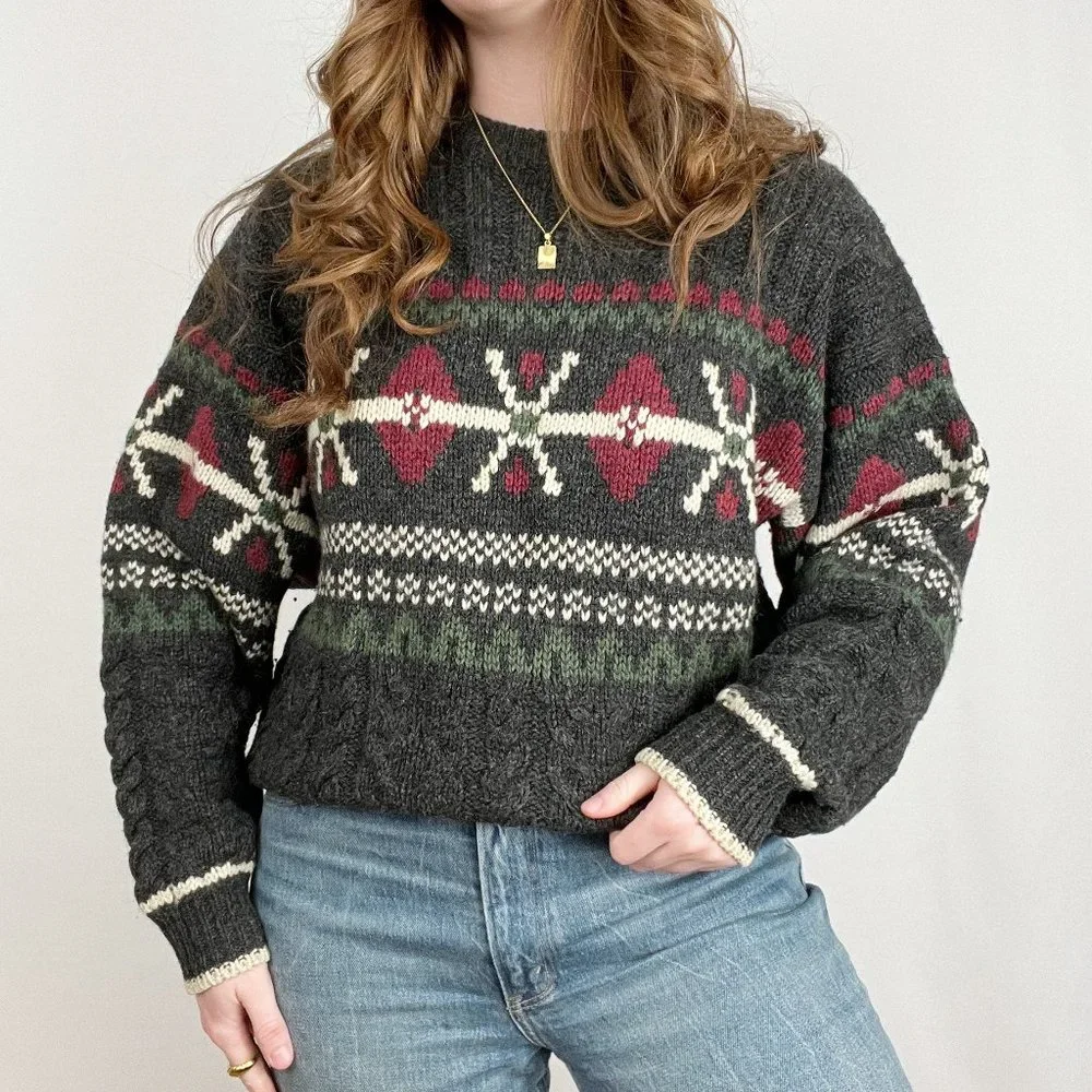 Vintage Fair Isle Cable Knit Oversized Sweater Christmas Cozy Wool Scandinavian - Picture 6 of 6
